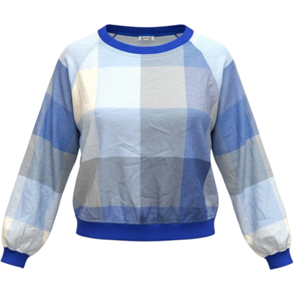 Intimately Free People Blue Plaid Buffalo Check Raglan Pullover Top Relaxed Fit
